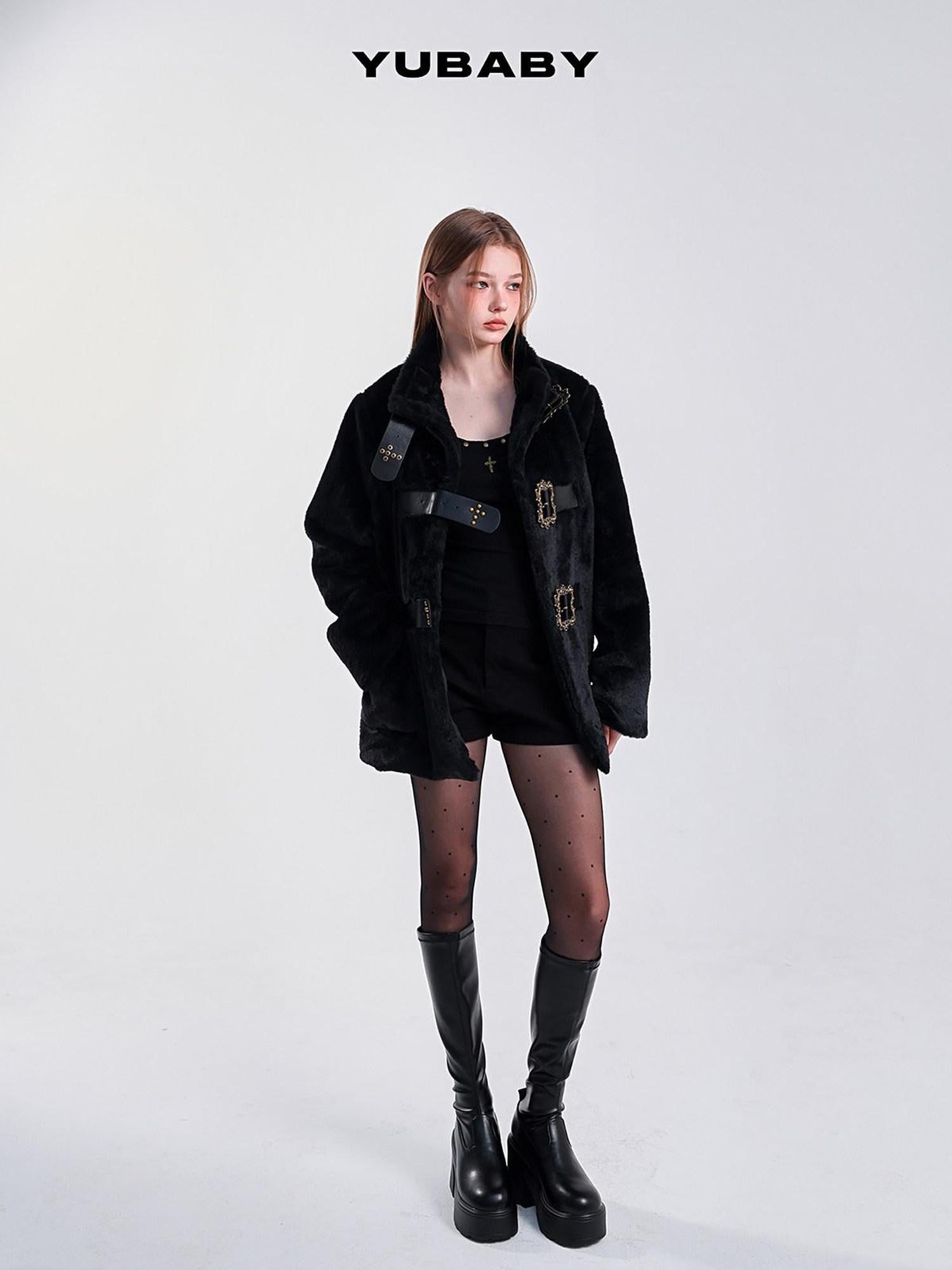 YUBABY Studded Cross Carved Belt Buckle Stand Collar Women's Faux Fur Wool Coats