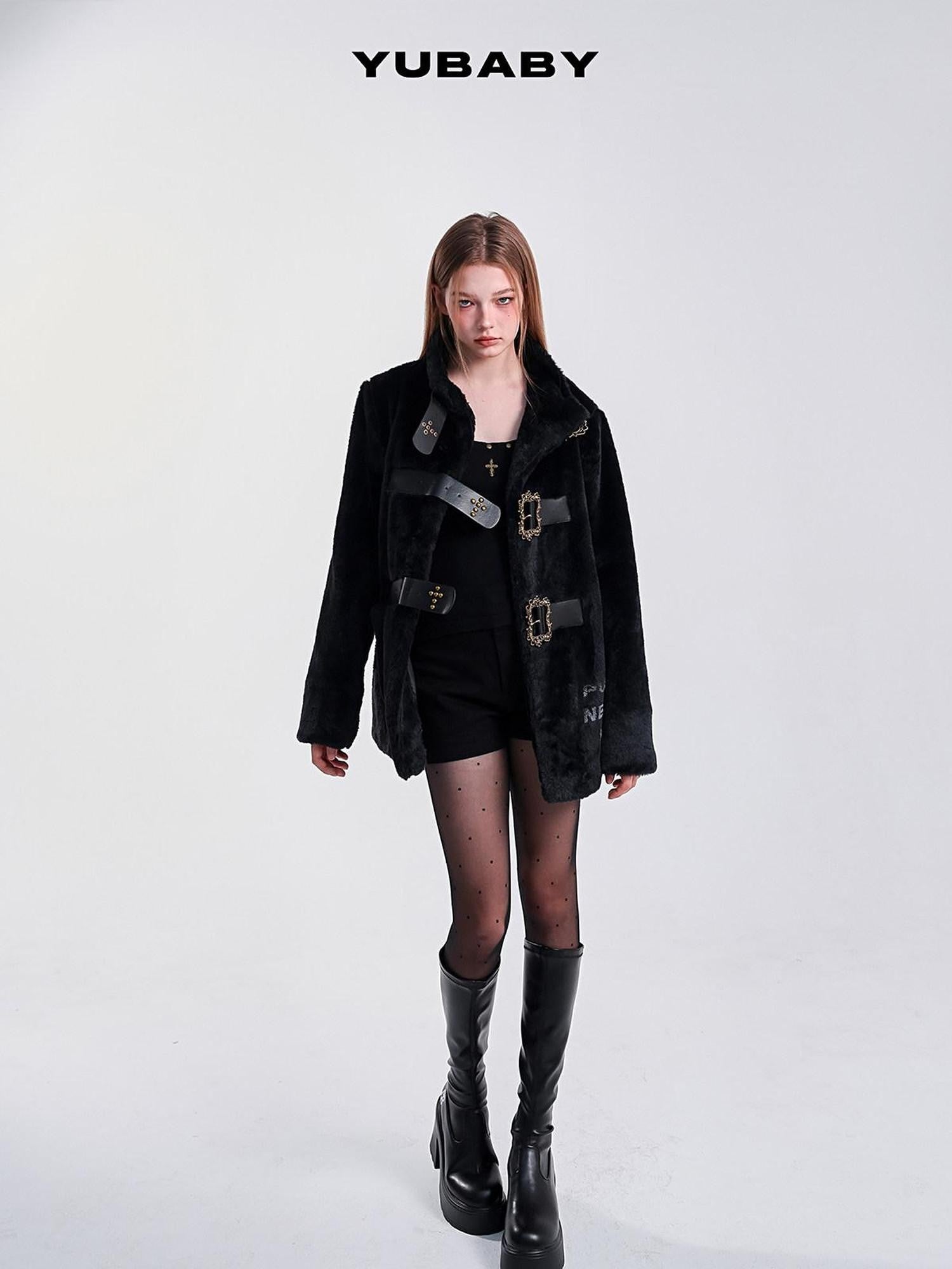 YUBABY Studded Cross Carved Belt Buckle Stand Collar Women's Faux Fur Wool Coats