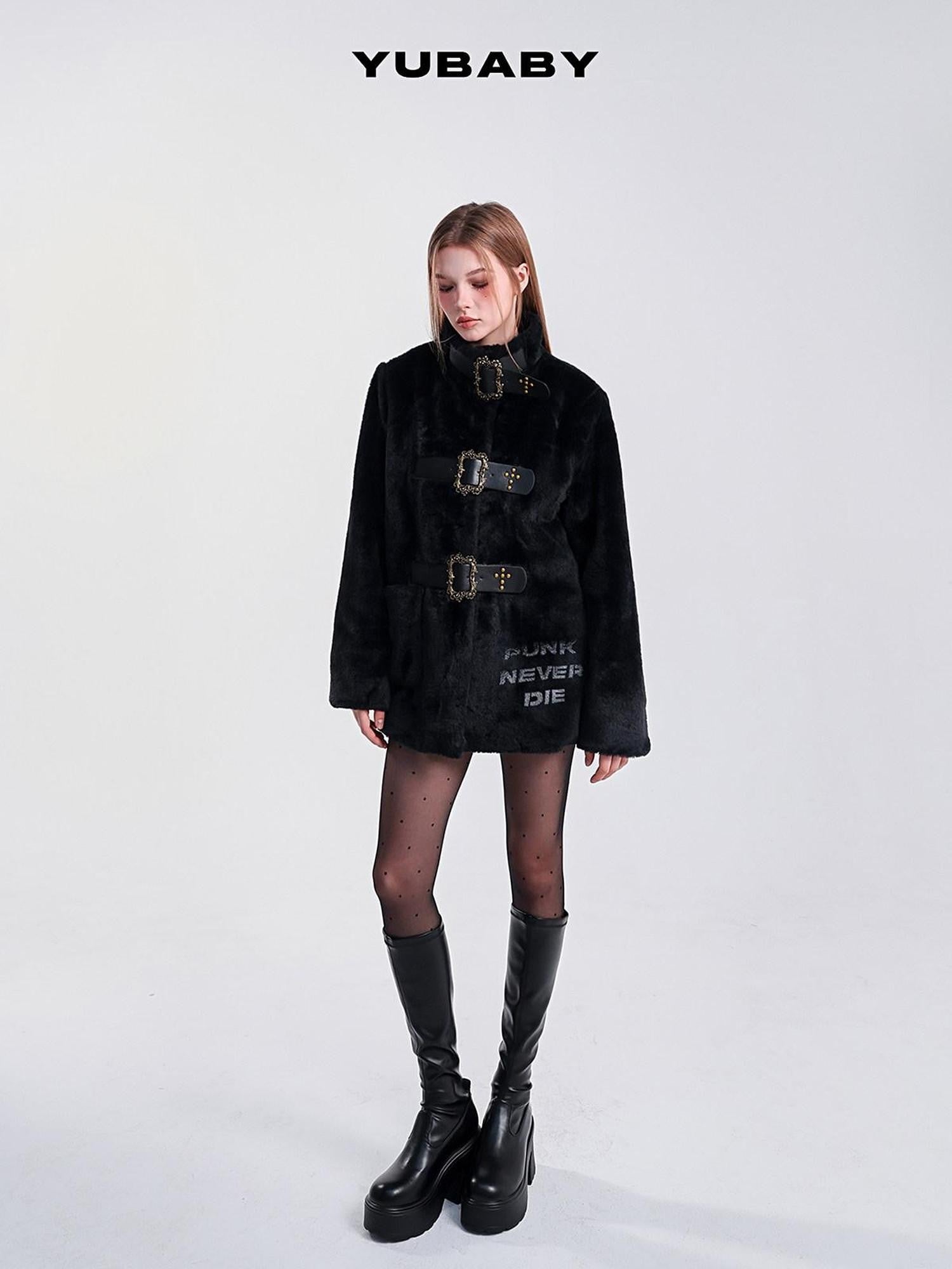 YUBABY Studded Cross Carved Belt Buckle Stand Collar Women's Faux Fur Wool Coats