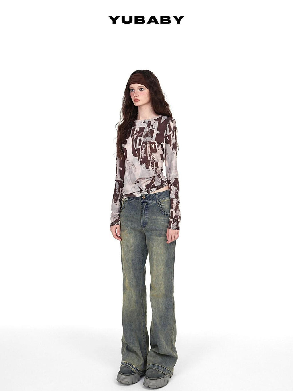 YUBABY Vintage Distressed Rivet Mud Dye Loose Stretch Women's Denim Flare Jeans