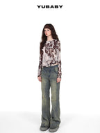 YUBABY Vintage Distressed Rivet Mud Dye Loose Stretch Women's Denim Flare Jeans