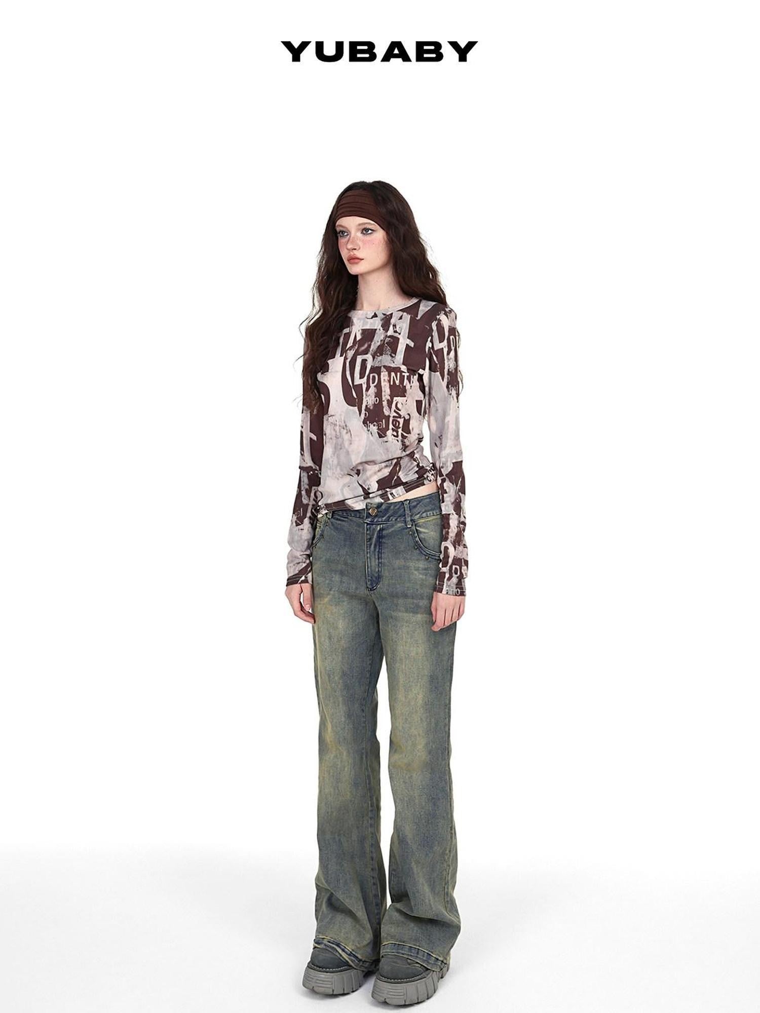 YUBABY Vintage Distressed Rivet Mud Dye Loose Stretch Women's Denim Flare Jeans