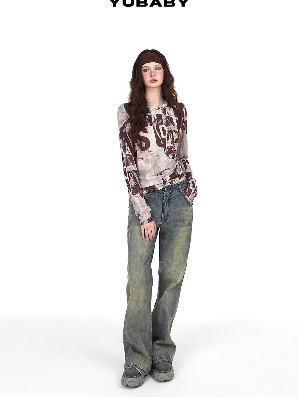 YUBABY Vintage Distressed Rivet Mud Dye Loose Stretch Women's Denim Flare Jeans