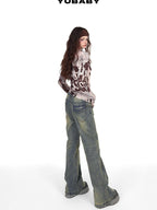 YUBABY Vintage Distressed Rivet Mud Dye Loose Stretch Women's Denim Flare Jeans