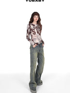 YUBABY Vintage Distressed Rivet Mud Dye Loose Stretch Women's Denim Flare Jeans