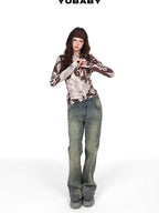 YUBABY Vintage Distressed Rivet Mud Dye Loose Stretch Women's Denim Flare Jeans