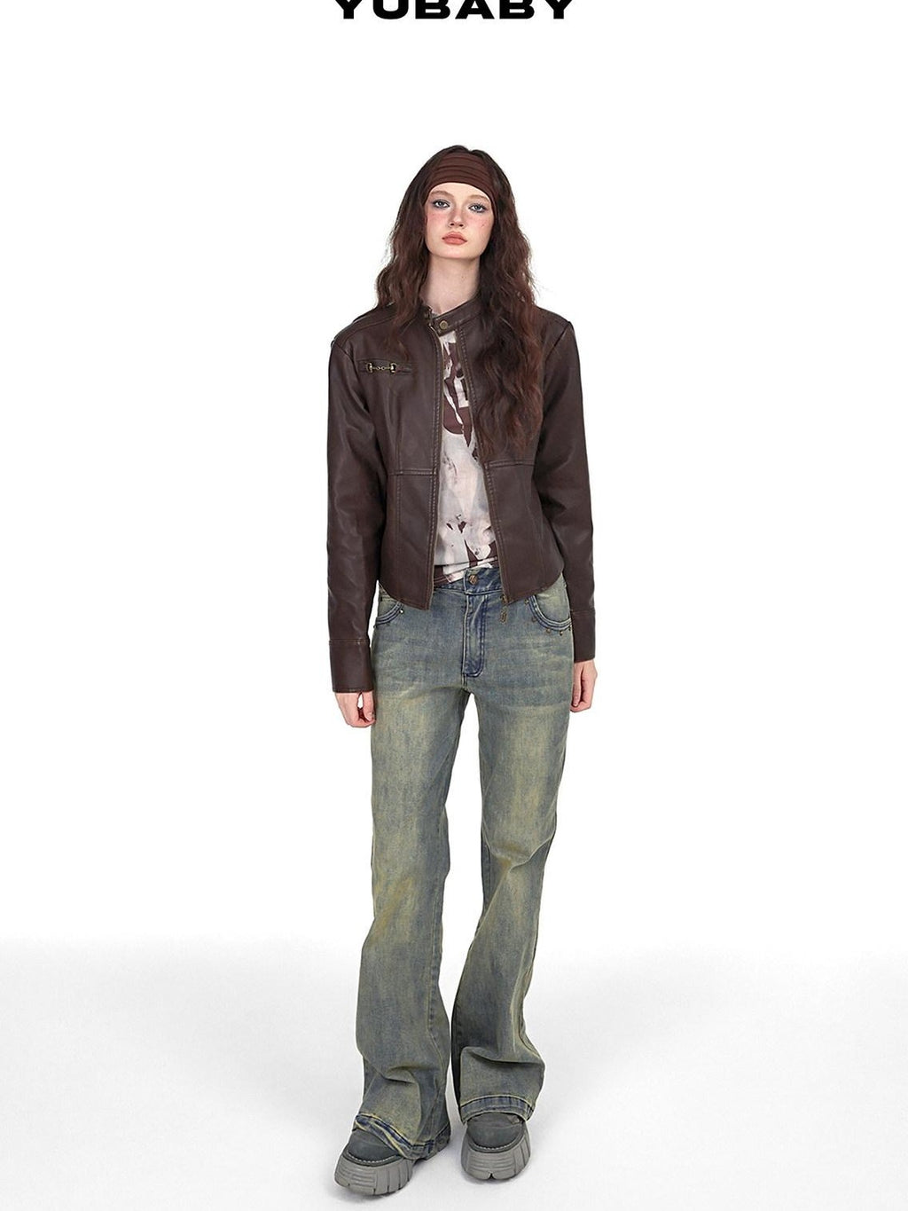 YUBABY Vintage Distressed Rivet Mud Dye Loose Stretch Women's Denim Flare Jeans