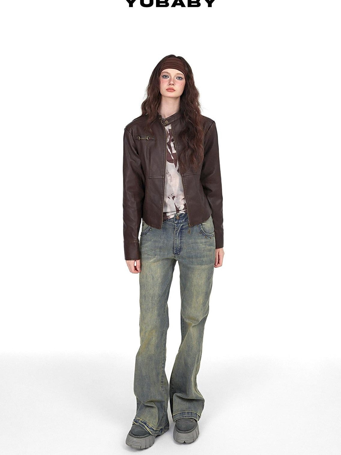 YUBABY Vintage Distressed Rivet Mud Dye Loose Stretch Women's Denim Flare Jeans