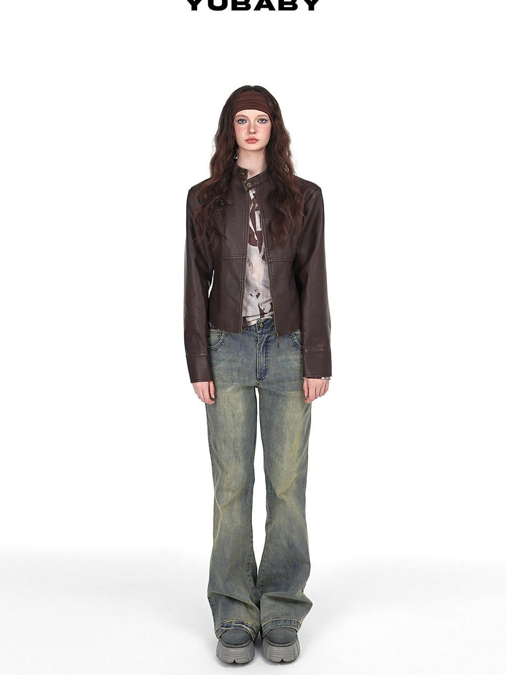 YUBABY Vintage Distressed Rivet Mud Dye Loose Stretch Women's Denim Flare Jeans