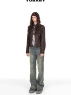 YUBABY Vintage Distressed Rivet Mud Dye Loose Stretch Women's Denim Flare Jeans