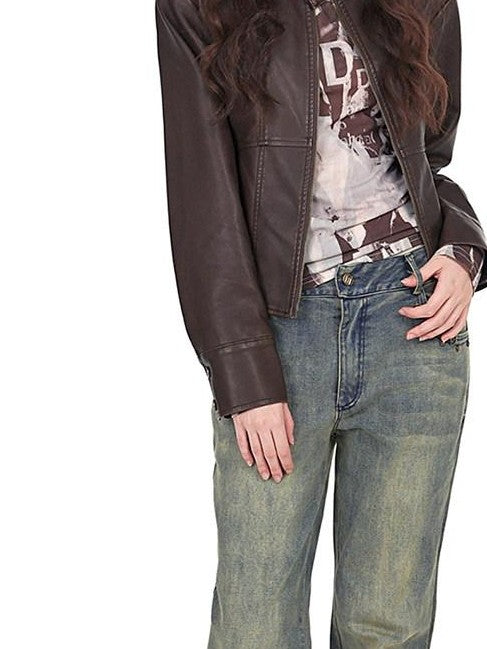 YUBABY Vintage Distressed Rivet Mud Dye Loose Stretch Women's Denim Flare Jeans