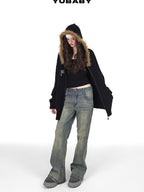 YUBABY Vintage Distressed Rivet Mud Dye Loose Stretch Women's Denim Flare Jeans