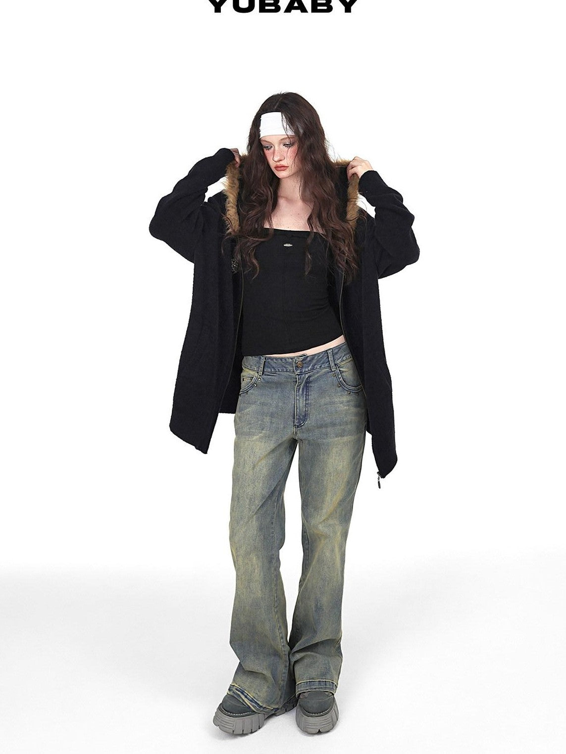 YUBABY Vintage Distressed Rivet Mud Dye Loose Stretch Women's Denim Flare Jeans