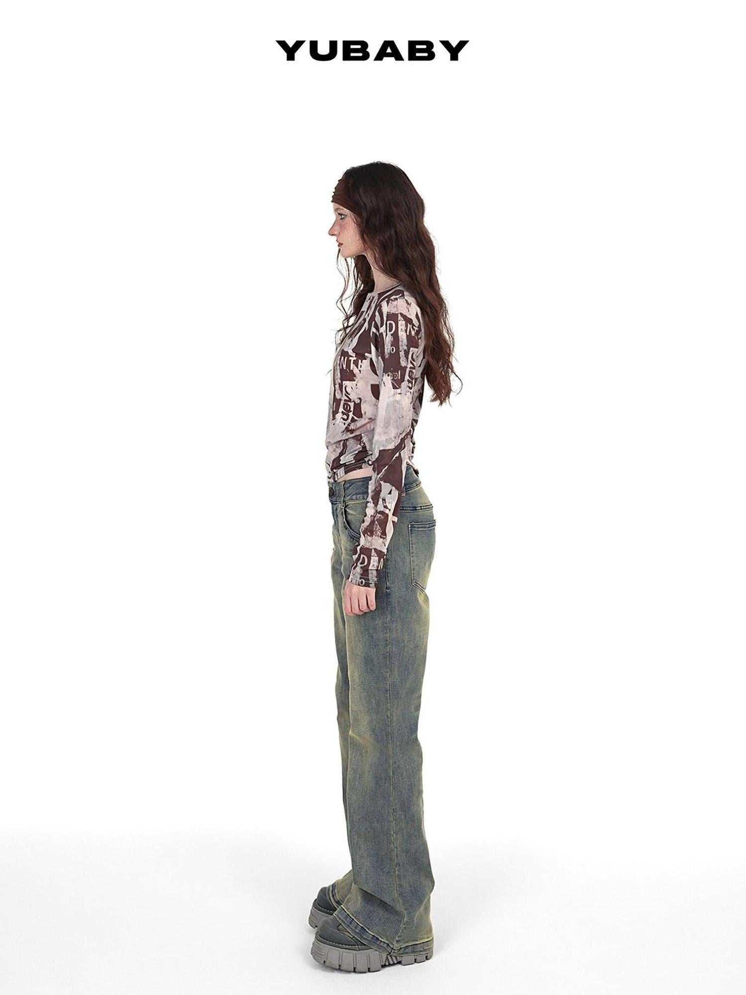 YUBABY Vintage Distressed Rivet Mud Dye Loose Stretch Women's Denim Flare Jeans
