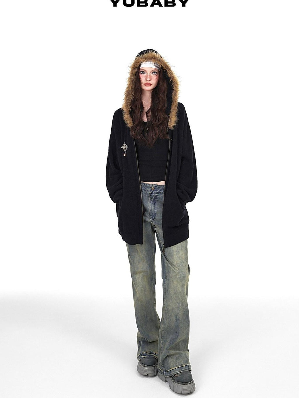 YUBABY Vintage Distressed Rivet Mud Dye Loose Stretch Women's Denim Flare Jeans