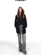 YUBABY Vintage Distressed Rivet Mud Dye Loose Stretch Women's Denim Flare Jeans