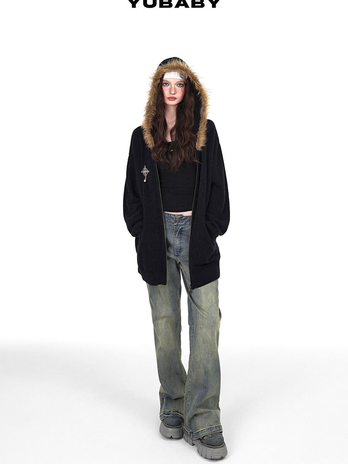 YUBABY Vintage Distressed Rivet Mud Dye Loose Stretch Women's Denim Flare Jeans