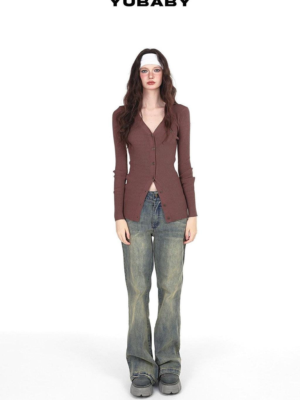 YUBABY Vintage Distressed Rivet Mud Dye Loose Stretch Women's Denim Flare Jeans