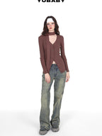 YUBABY Vintage Distressed Rivet Mud Dye Loose Stretch Women's Denim Flare Jeans