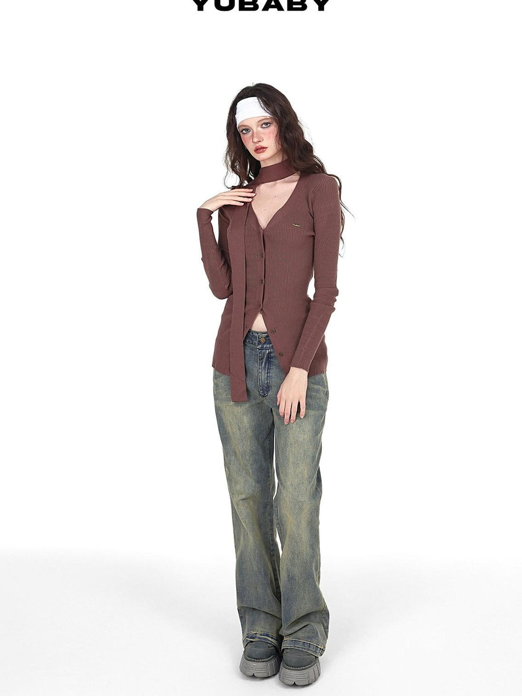 YUBABY Vintage Distressed Rivet Mud Dye Loose Stretch Women's Denim Flare Jeans