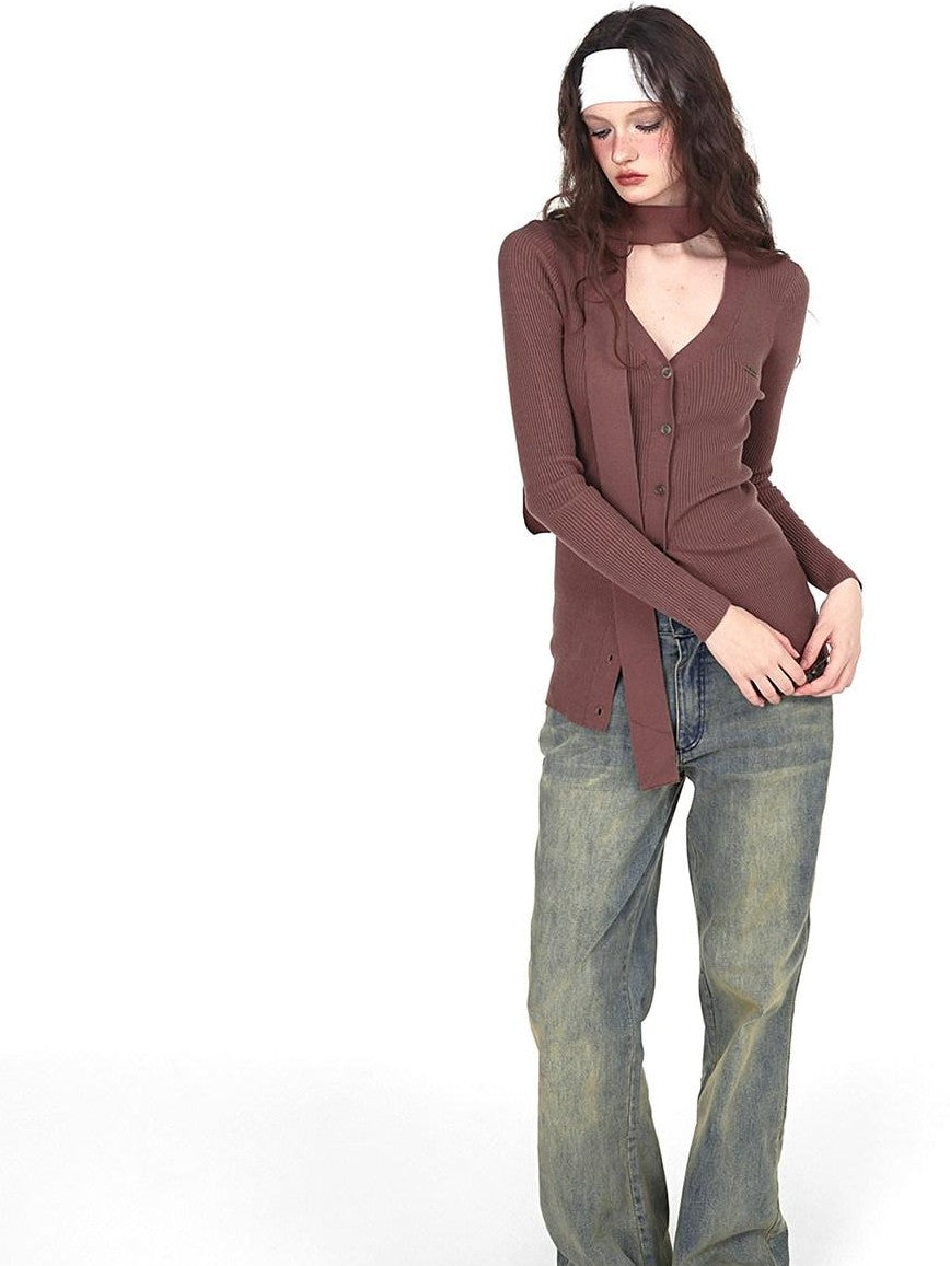 YUBABY Vintage Distressed Rivet Mud Dye Loose Stretch Women's Denim Flare Jeans