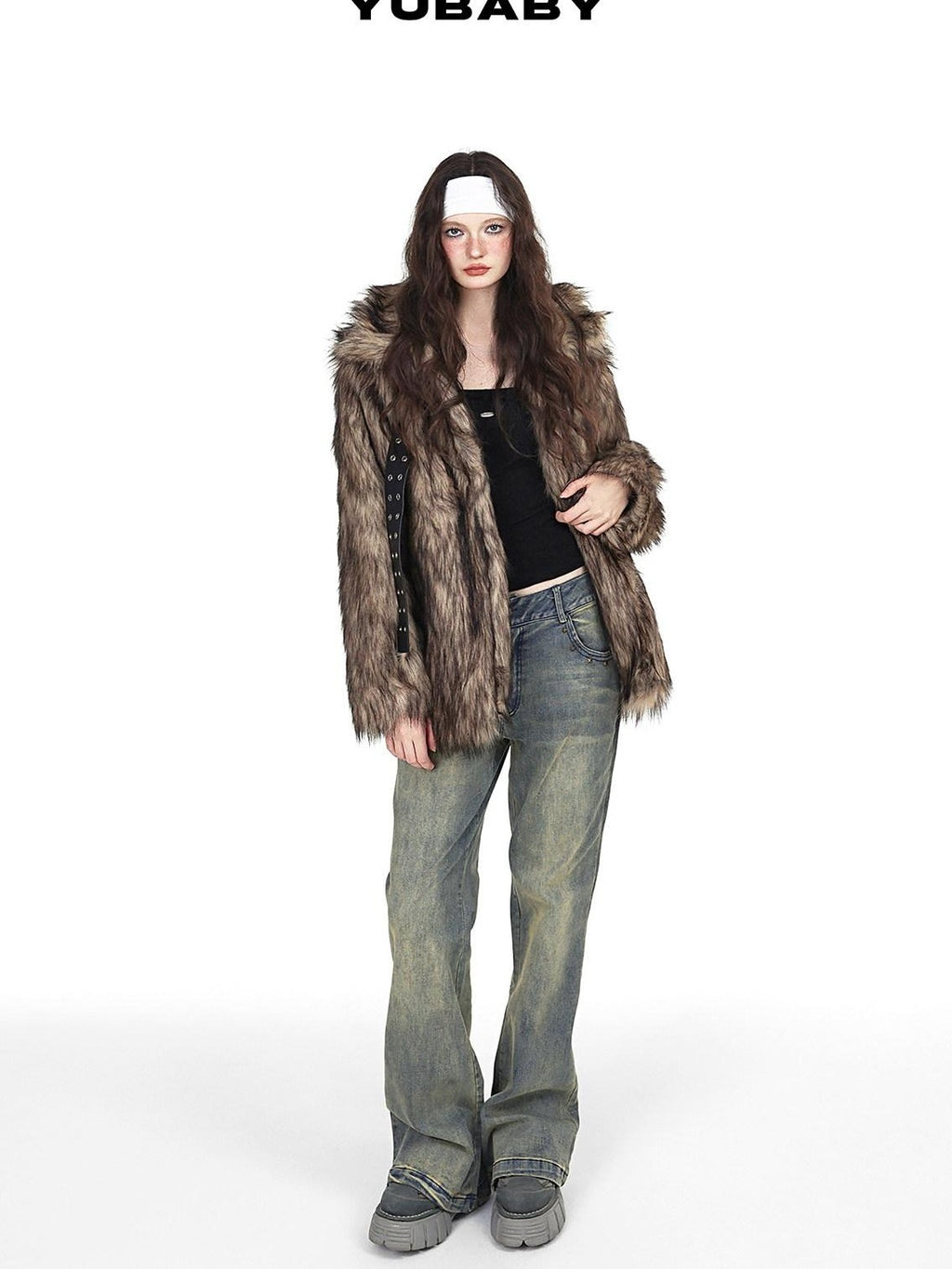 YUBABY Vintage Distressed Rivet Mud Dye Loose Stretch Women's Denim Flare Jeans