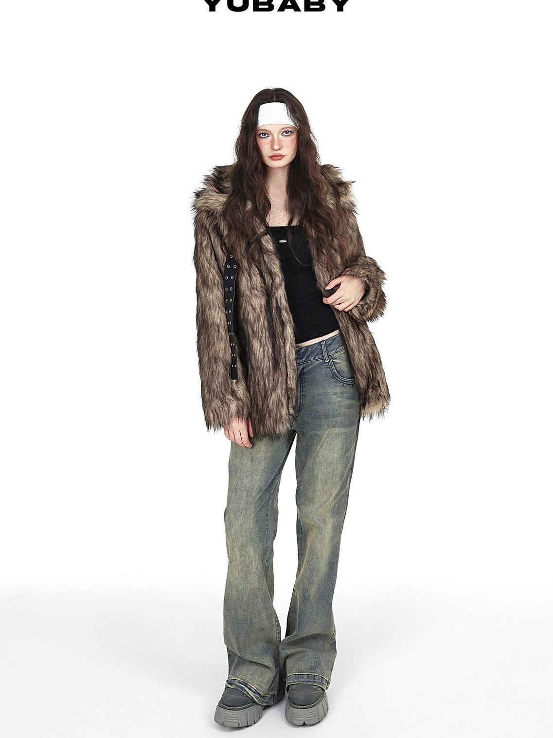 YUBABY Vintage Distressed Rivet Mud Dye Loose Stretch Women's Denim Flare Jeans
