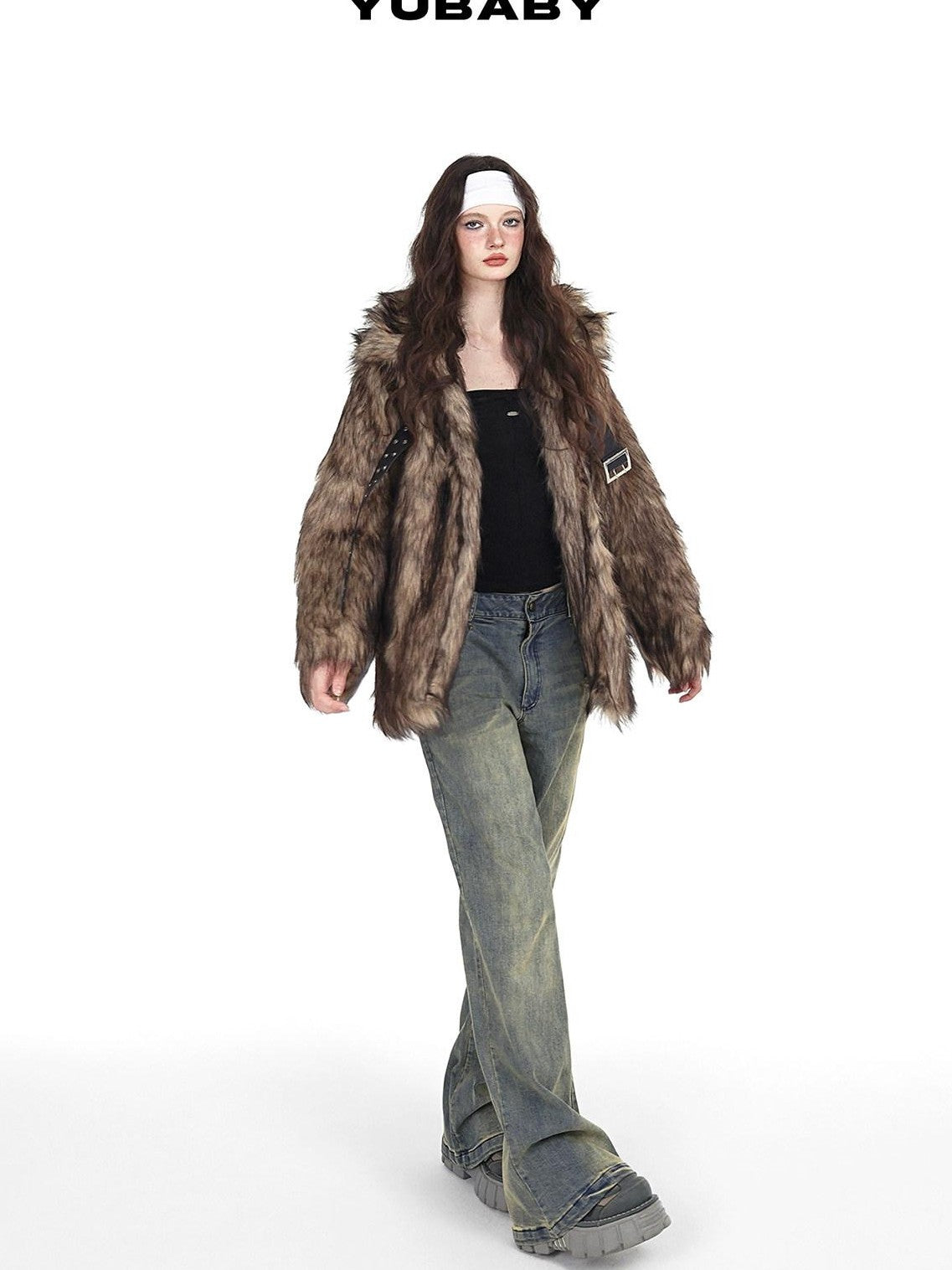 YUBABY Vintage Distressed Rivet Mud Dye Loose Stretch Women's Denim Flare Jeans