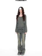 YUBABY Vintage Distressed Rivet Mud Dye Loose Stretch Women's Denim Flare Jeans