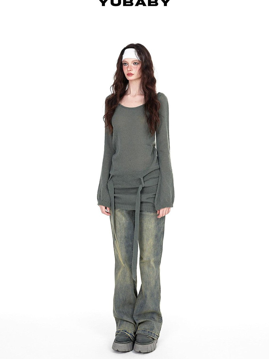 YUBABY Vintage Distressed Rivet Mud Dye Loose Stretch Women's Denim Flare Jeans