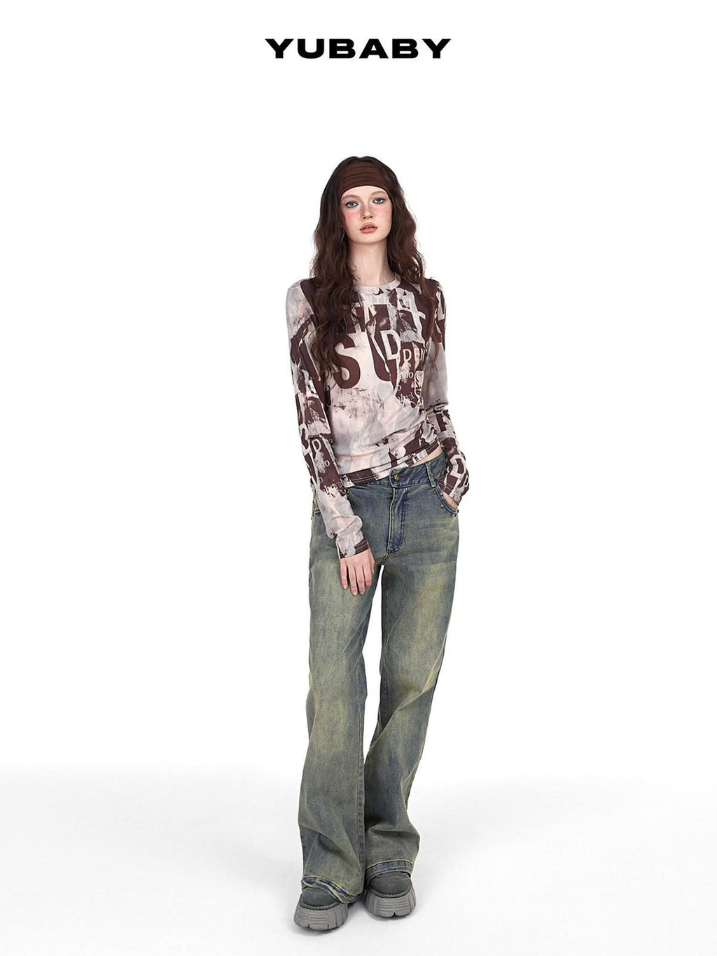 YUBABY Vintage Distressed Rivet Mud Dye Loose Stretch Women's Denim Flare Jeans