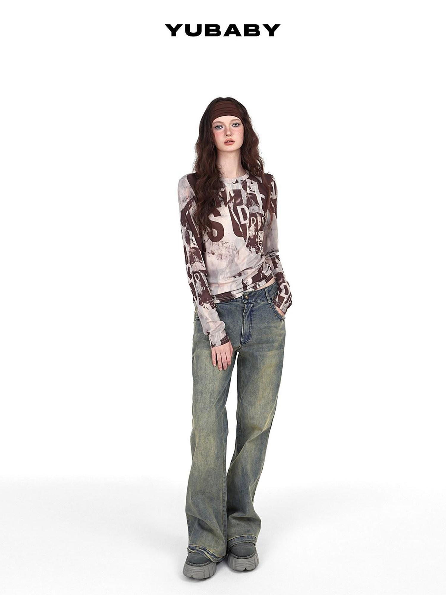 YUBABY Vintage Distressed Rivet Mud Dye Loose Stretch Women's Denim Flare Jeans