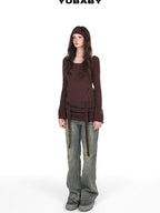 YUBABY Vintage Distressed Rivet Mud Dye Loose Stretch Women's Denim Flare Jeans