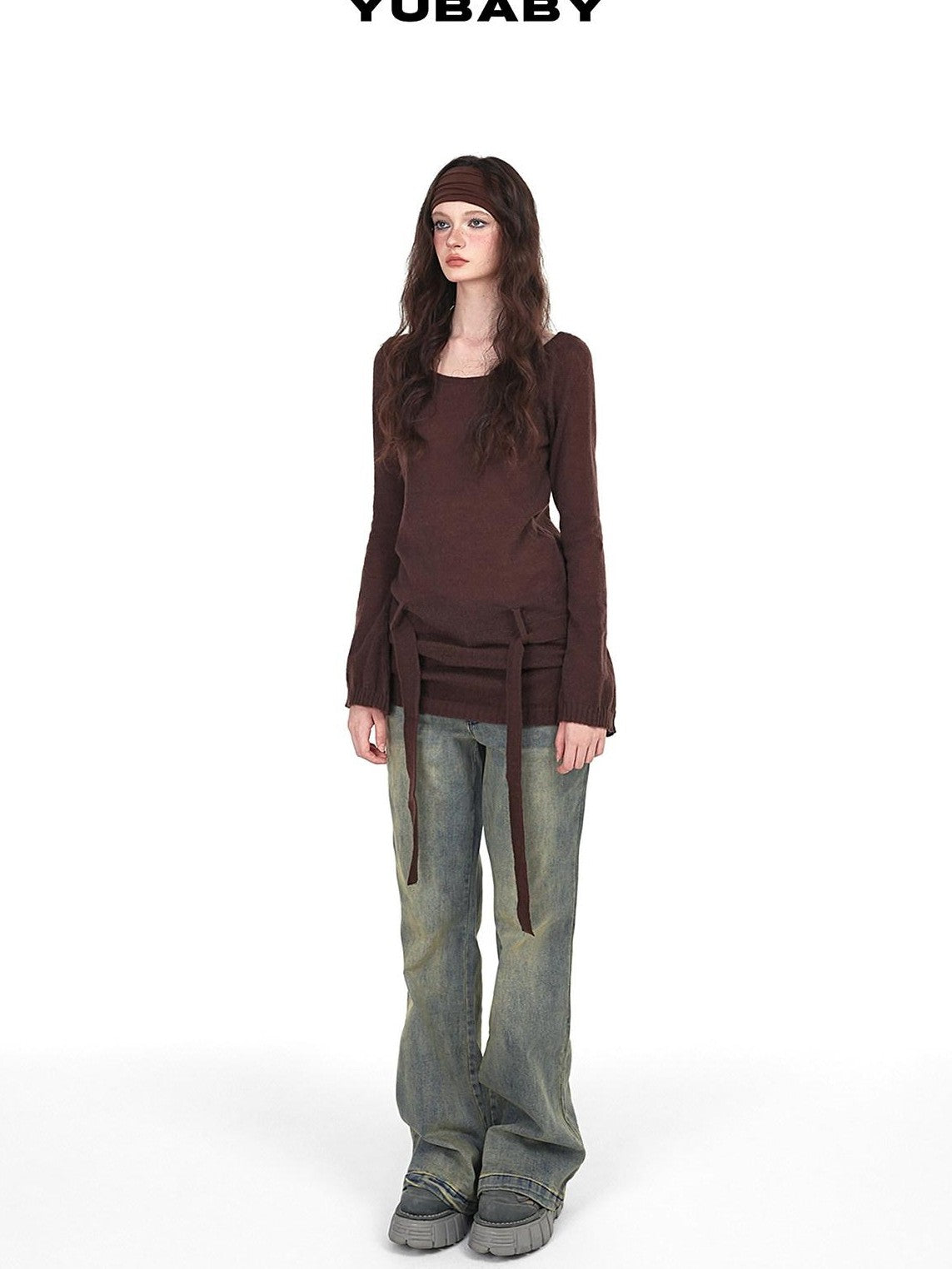YUBABY Vintage Distressed Rivet Mud Dye Loose Stretch Women's Denim Flare Jeans