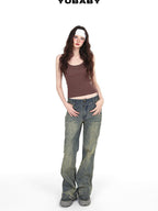 YUBABY Vintage Distressed Rivet Mud Dye Loose Stretch Women's Denim Flare Jeans