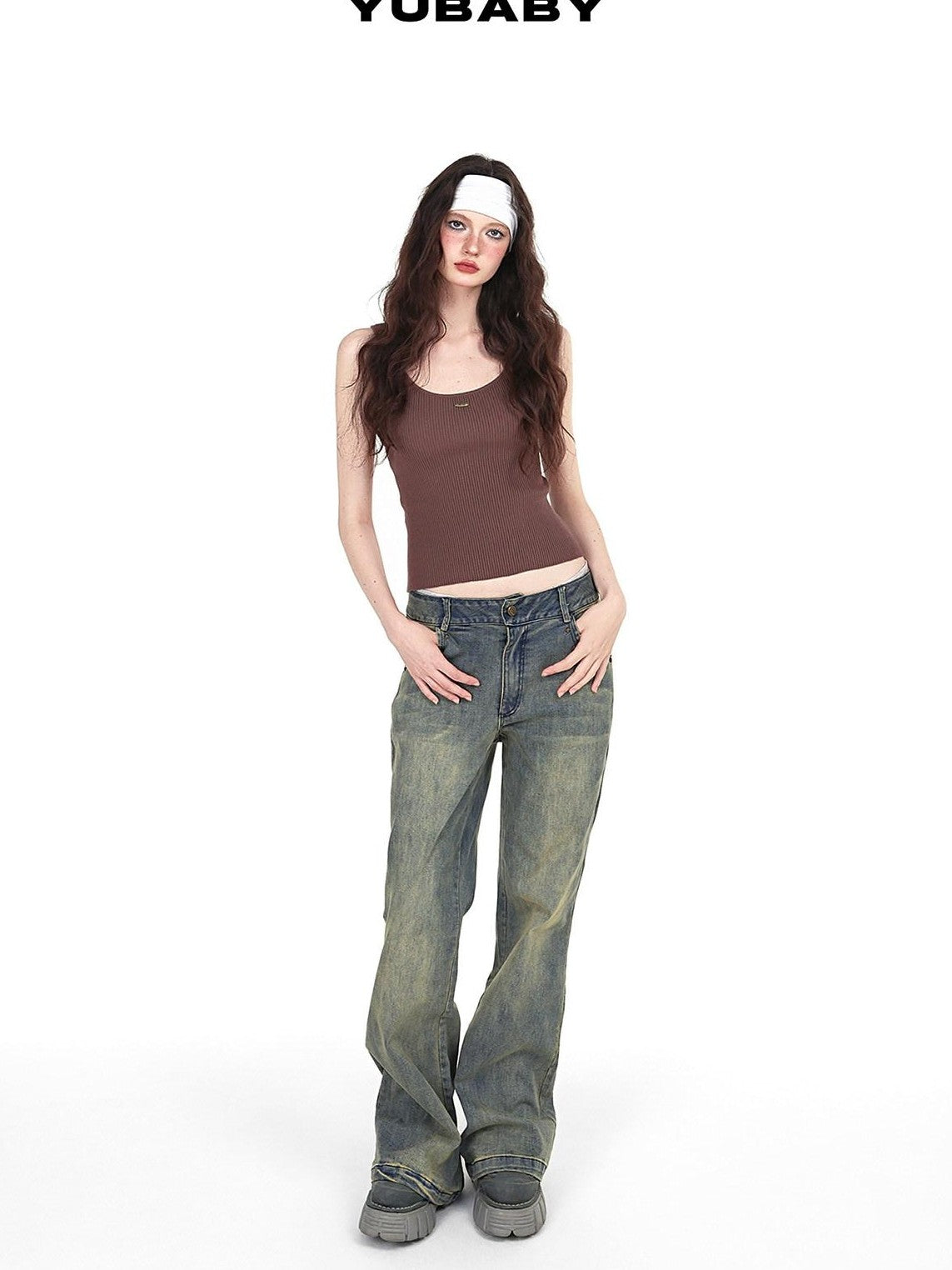 YUBABY Vintage Distressed Rivet Mud Dye Loose Stretch Women's Denim Flare Jeans