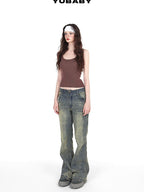 YUBABY Vintage Distressed Rivet Mud Dye Loose Stretch Women's Denim Flare Jeans