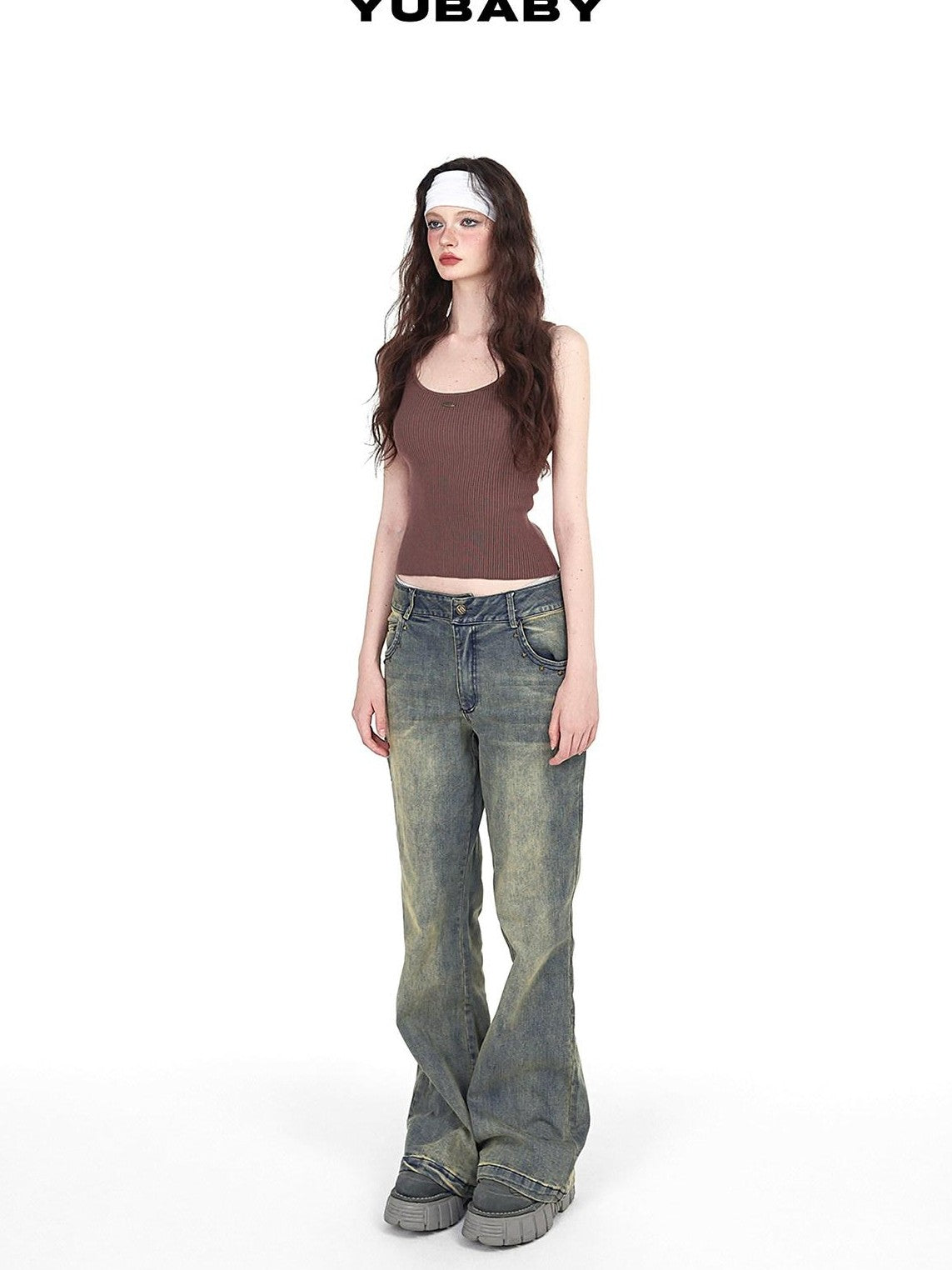 YUBABY Vintage Distressed Rivet Mud Dye Loose Stretch Women's Denim Flare Jeans