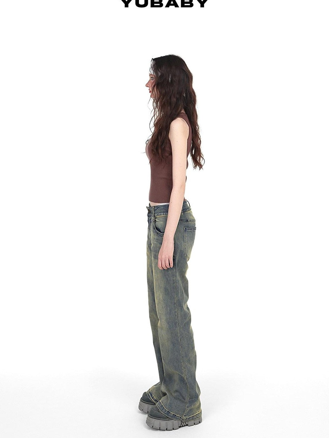 YUBABY Vintage Distressed Rivet Mud Dye Loose Stretch Women's Denim Flare Jeans
