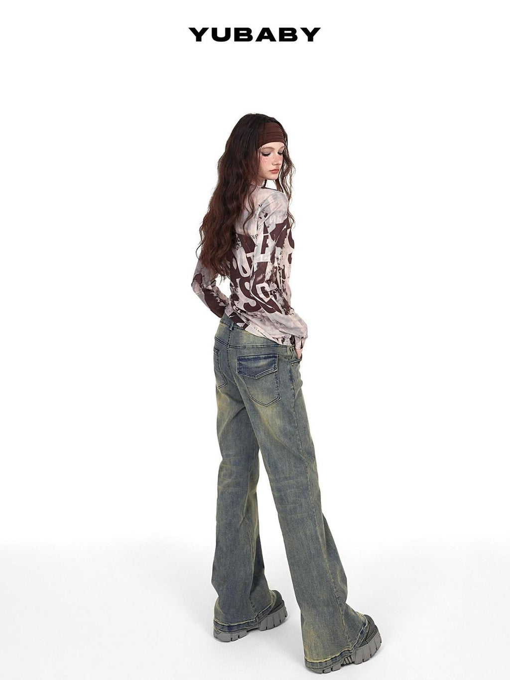 YUBABY Vintage Distressed Rivet Mud Dye Loose Stretch Women's Denim Flare Jeans