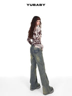 YUBABY Vintage Distressed Rivet Mud Dye Loose Stretch Women's Denim Flare Jeans