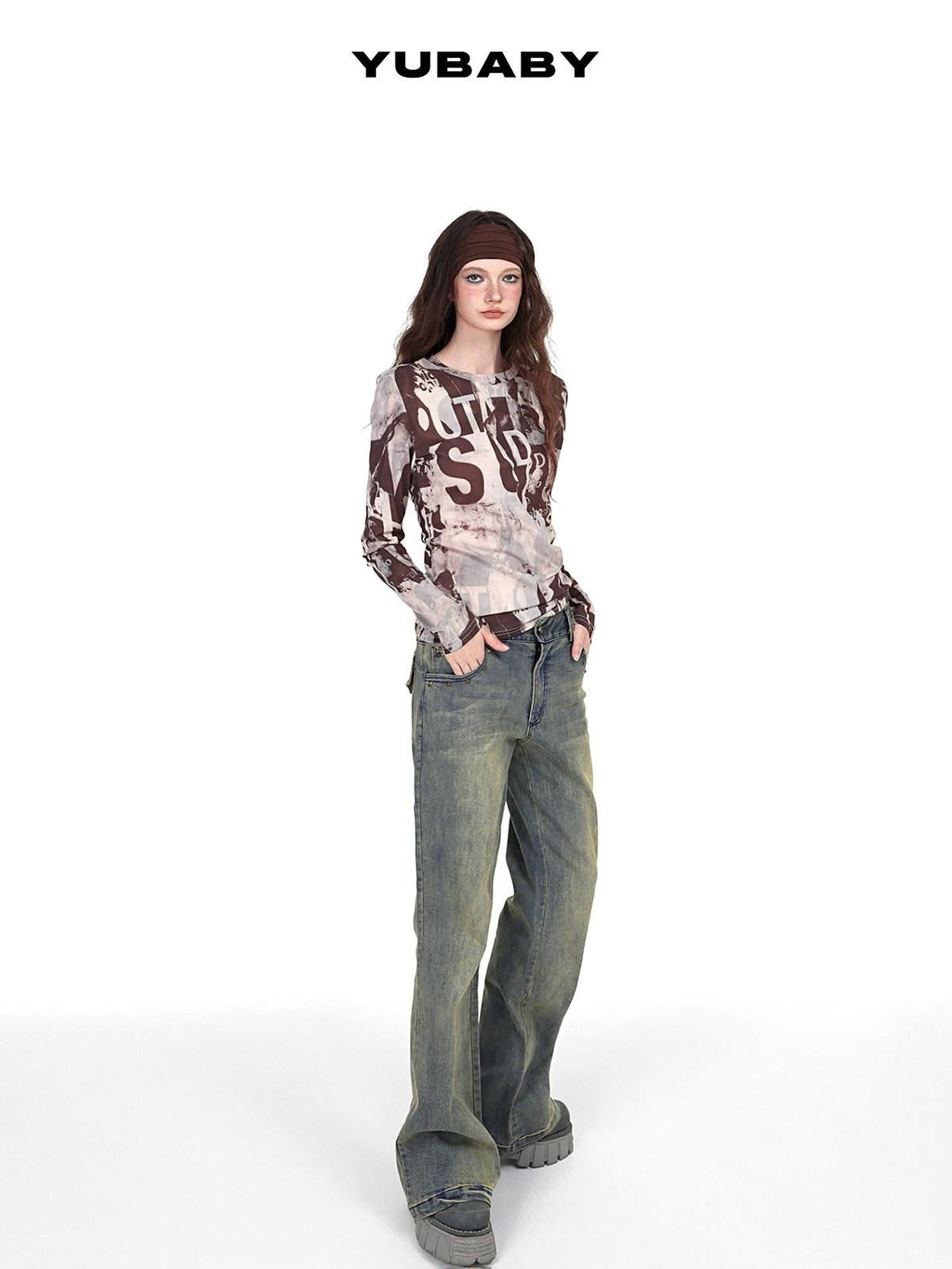 YUBABY Vintage Distressed Rivet Mud Dye Loose Stretch Women's Denim Flare Jeans