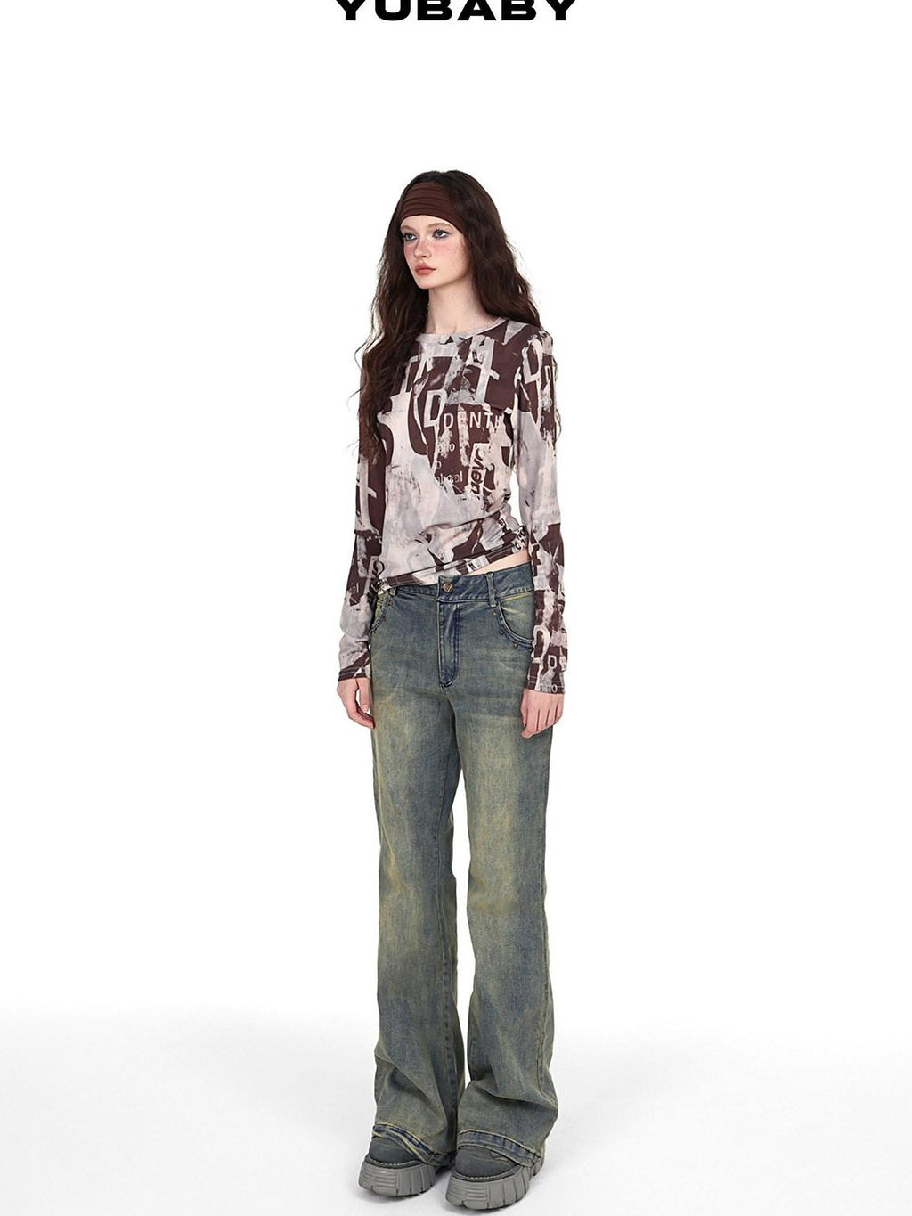 YUBABY Vintage Distressed Rivet Mud Dye Loose Stretch Women's Denim Flare Jeans