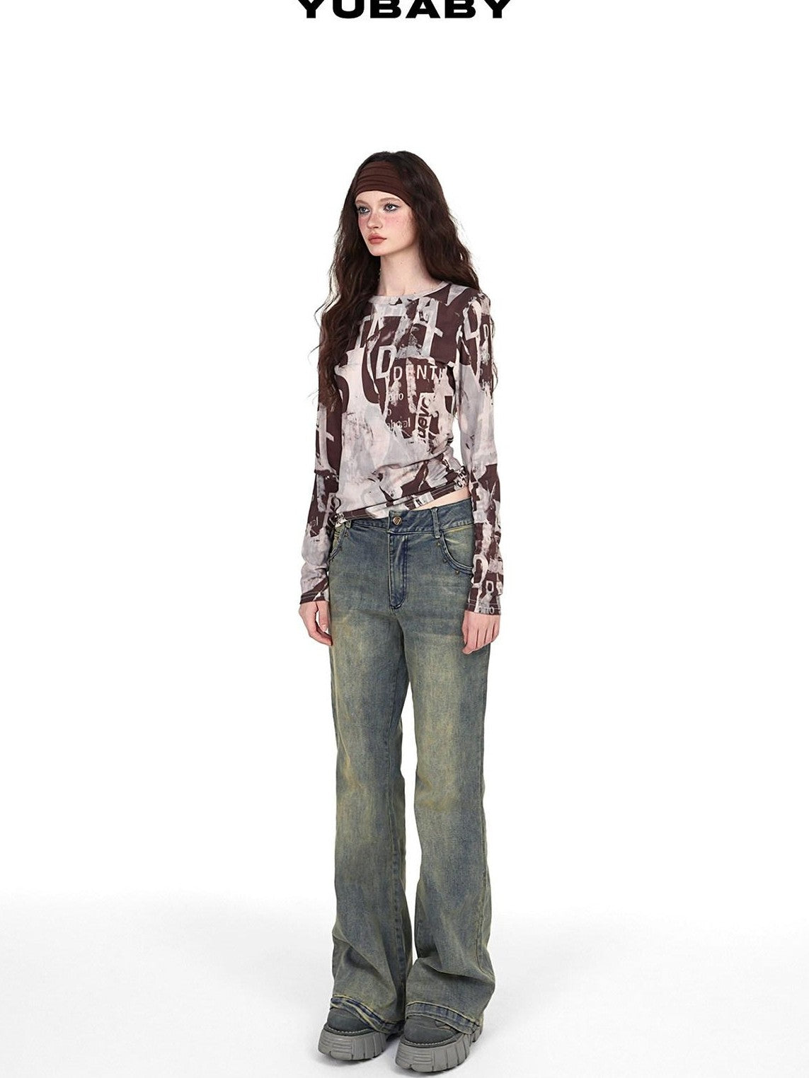 YUBABY Vintage Distressed Rivet Mud Dye Loose Stretch Women's Denim Flare Jeans