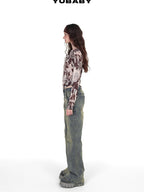 YUBABY Vintage Distressed Rivet Mud Dye Loose Stretch Women's Denim Flare Jeans