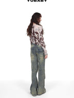 YUBABY Vintage Distressed Rivet Mud Dye Loose Stretch Women's Denim Flare Jeans