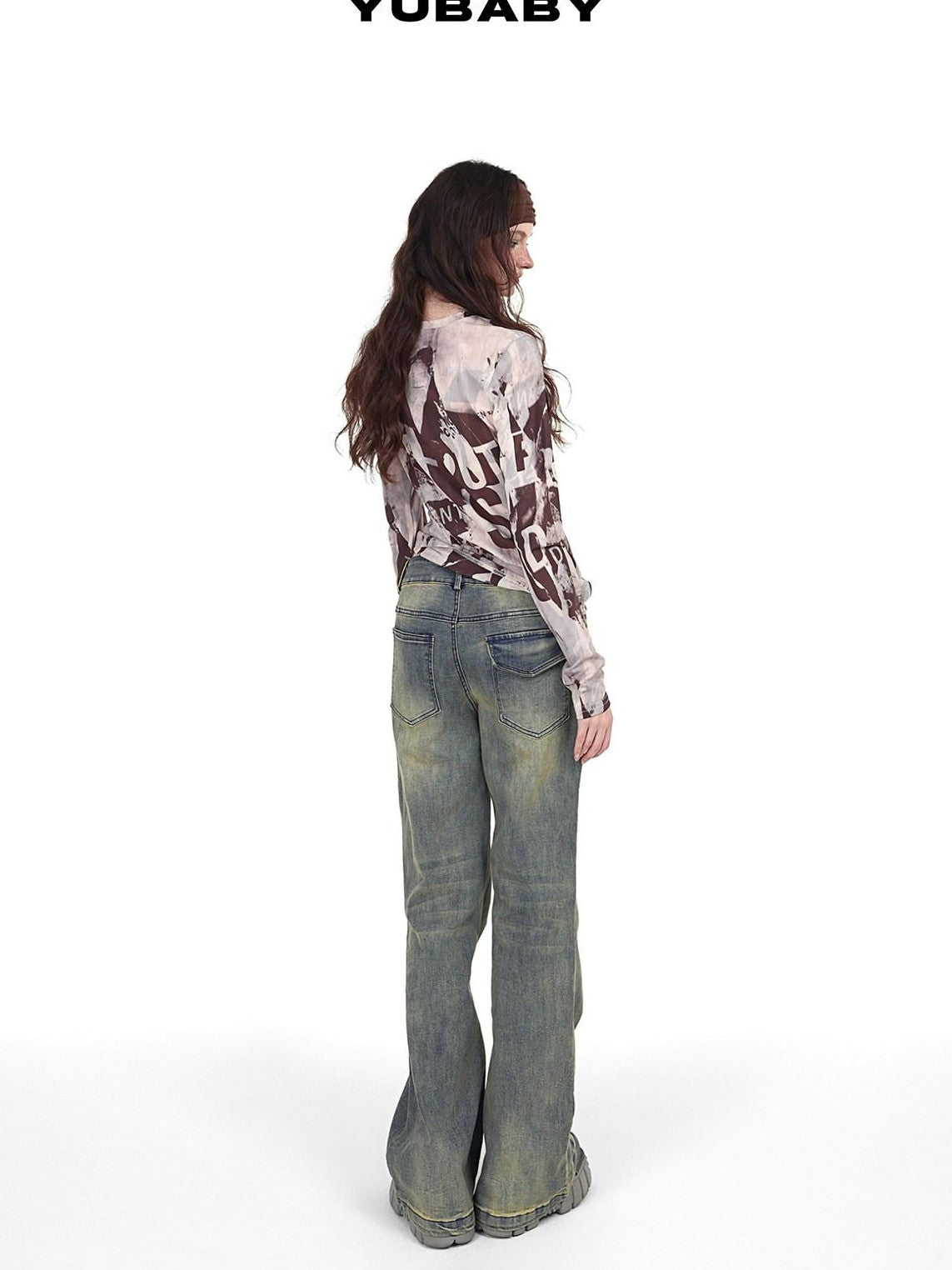 YUBABY Vintage Distressed Rivet Mud Dye Loose Stretch Women's Denim Flare Jeans