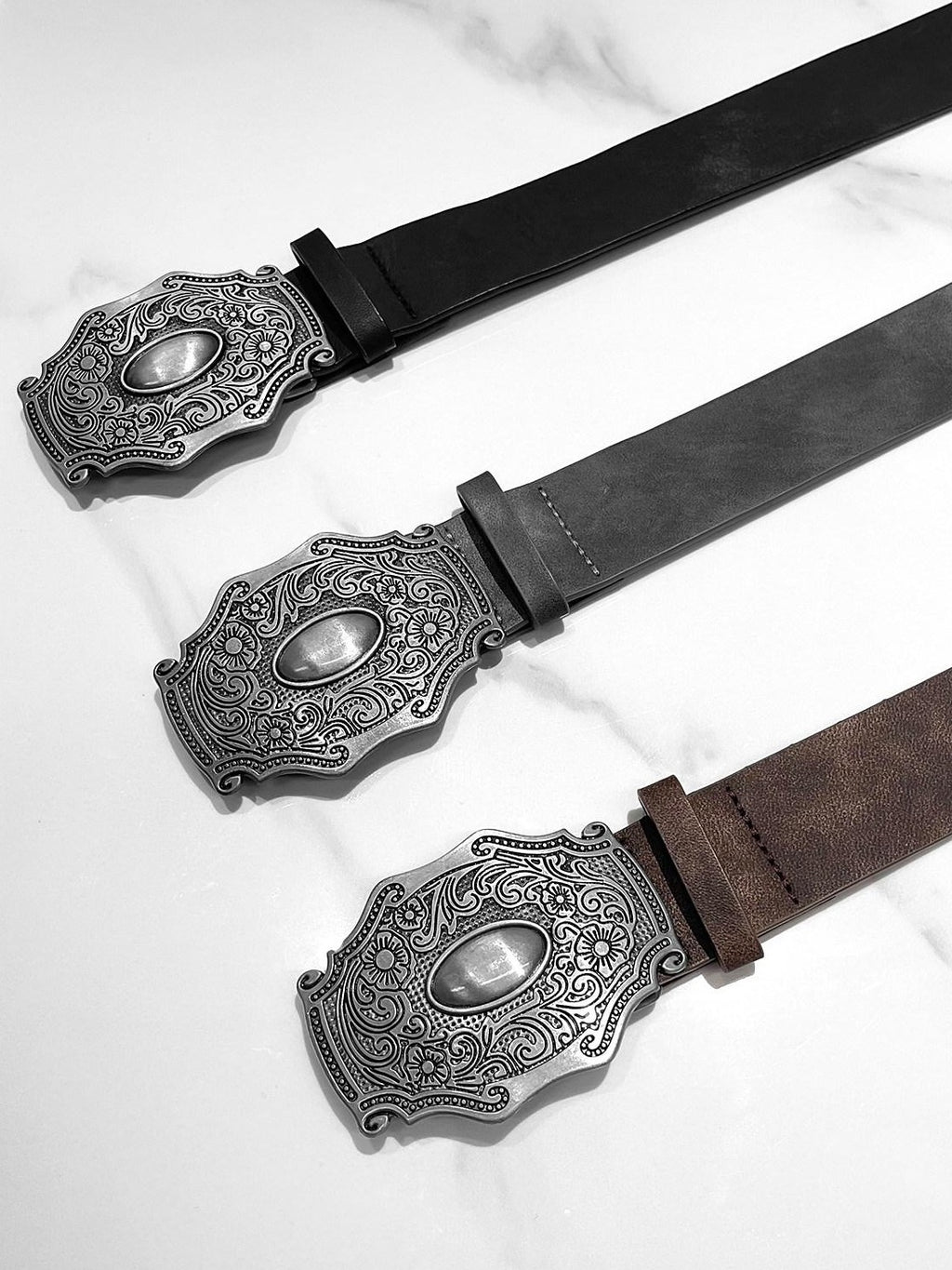 YUBABY Vintage Distressed Tie Dye Wide Silver Large Buckle Rock Women's Pu Belts