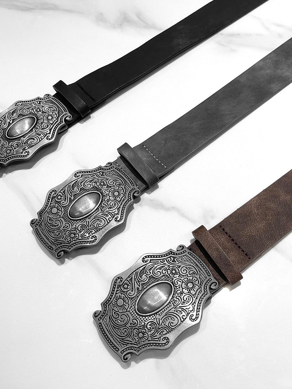 YUBABY Vintage Distressed Tie Dye Wide Silver Large Buckle Rock Women's Pu Belts