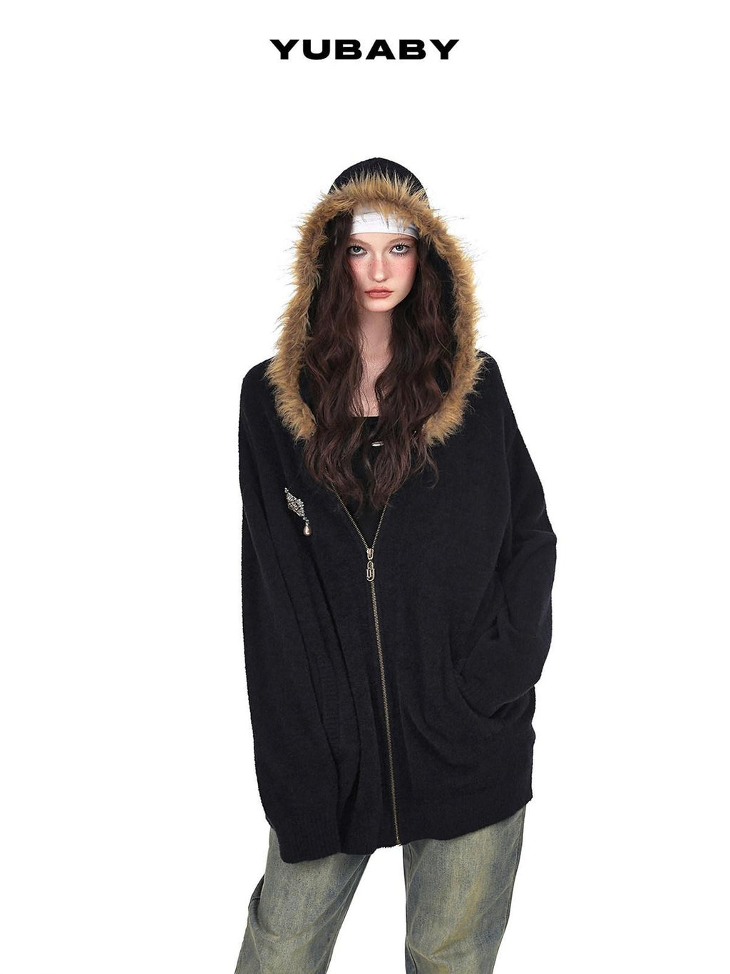 YUBABY Vintage Fur Collar Cross Zippered Hooded Women's Cotton Blend Hoodies